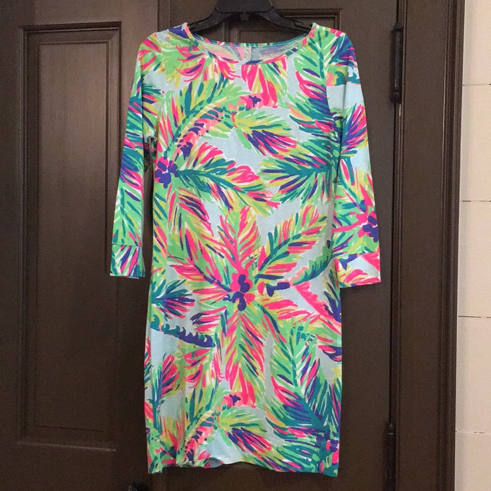 Lilly Pulitzer Aqua Dress with Pink, Green & Blue Tropical Print